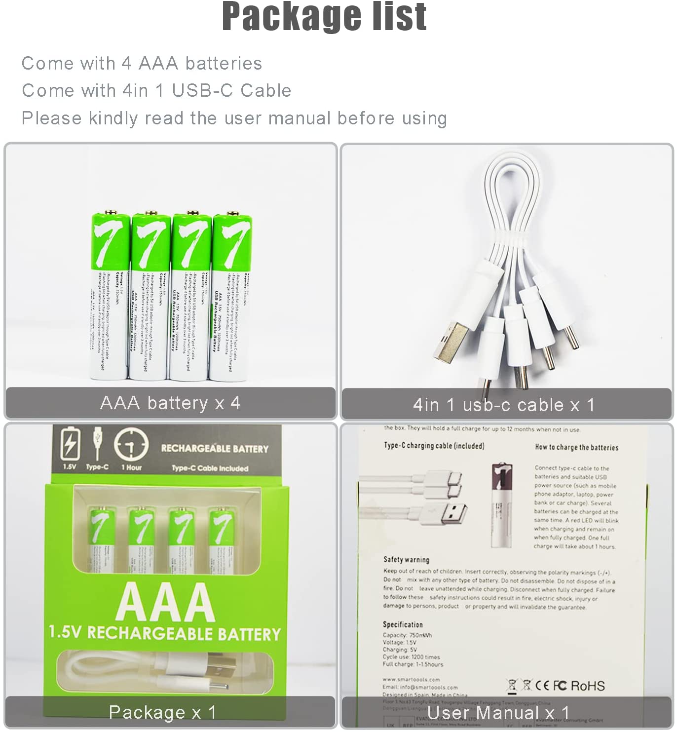 AAA Lithium ion Rechargeable Battery, USB Rechargeable Type C x 4 MMi Products UK