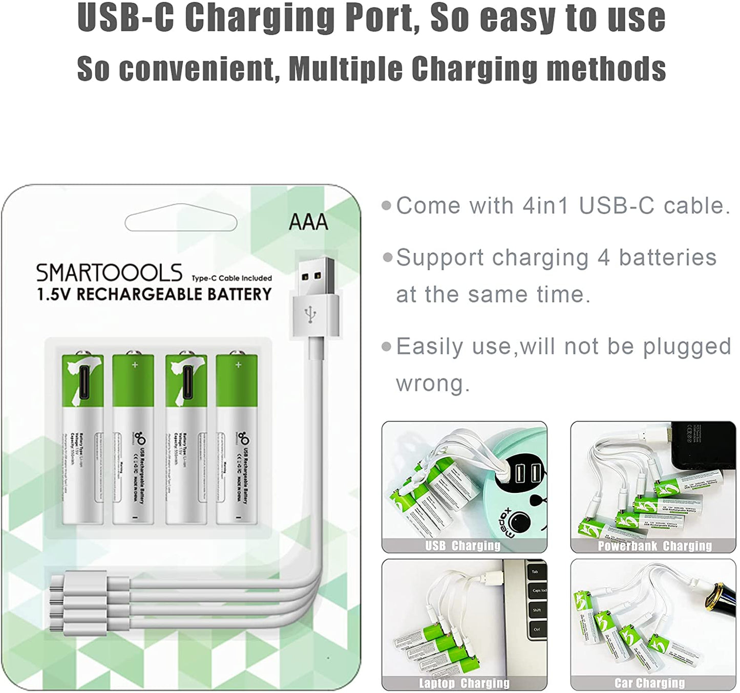 AAA Lithium ion Rechargeable Battery, USB Rechargeable Type C x 4 MMi Products UK